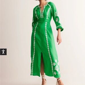 Worn Once! Boden Green and White Plunge Sundress with Bishop Sleeves